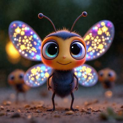 The primary subject of the image is a cute, colorful, and cartoon-like butterfly. The butterfly is standing on a dirt ground, surrounded by a few other butterflies. The setting appears to be a natural environment, with the butterflies possibly in a field or a garden. The visual style of the image is a combination of photo and digital art, creating a whimsical and playful atmosphere. The colors and mood of the image are predominantly warm and cheerful,